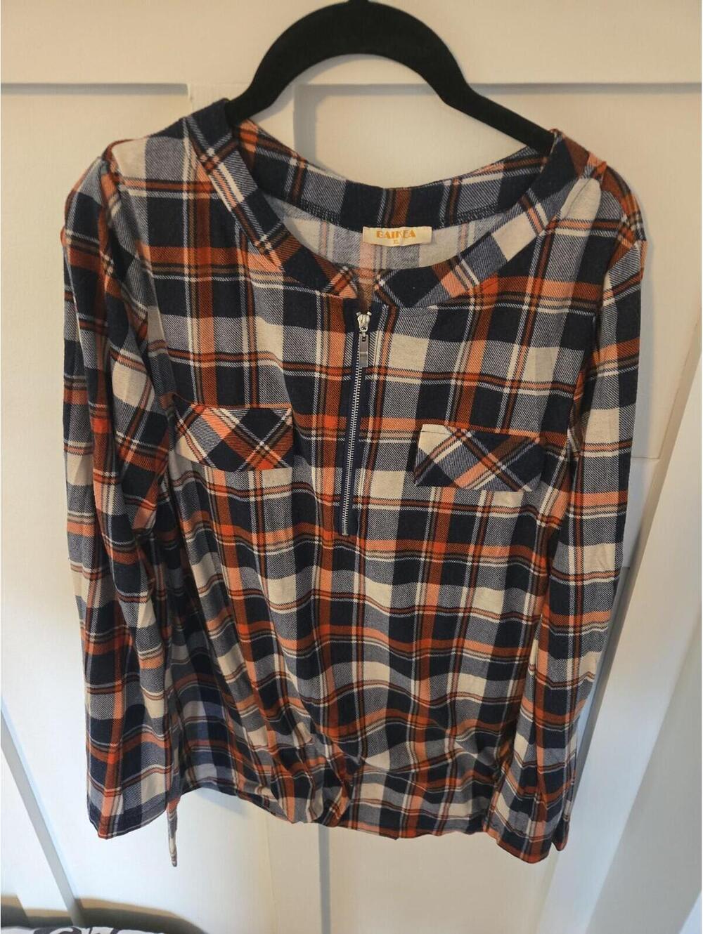 BAIKEA Women's XL Orange and Blue Plaid Quarter-Zip Pullover Blouse